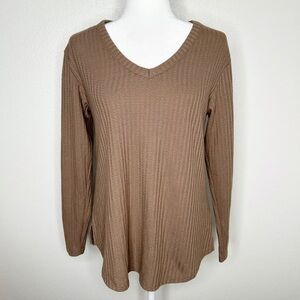 Chaser Womens Waffle Knit Thermal Long Sleeve V-Neck Top Size L Brown